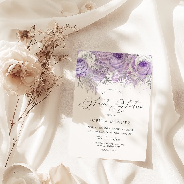 Invitation Lavande Purple Étincelle Florale Sweet 16 Partie (Créateur téléchargé)