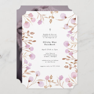 Invitation Lavande Purple Fleur Photo Christening Baptême
