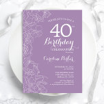 Invitation Lavande Purple Floral 40e fête d'anniversaire<br><div class="desc">Lavande Purple Floral 40e anniversaire de fête Invitation. Design moderne minimaliste avec accents de dessin botanique et police de script de typographie. Carte invitation simple et tendance,  parfaite pour une célébration anniversaire élégante. Peut être customisé à n'importe quel âge. Invitations Zazzle imprimées ou téléchargement instantané modèle imprimable numérique.</div>