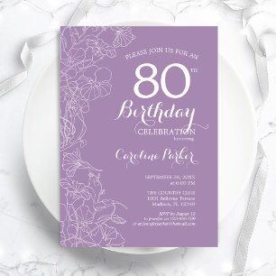 Invitation Lavande Purple Floral 80e fête d'anniversaire