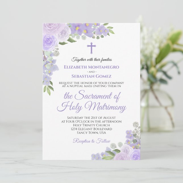 Invitation Lavande Purple Floral Moderne Mariage catholique (Debout devant)