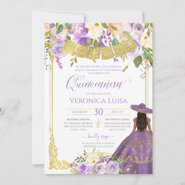 Invitation Lavande Purple Floral & Or Charro Quinceanera (Devant)