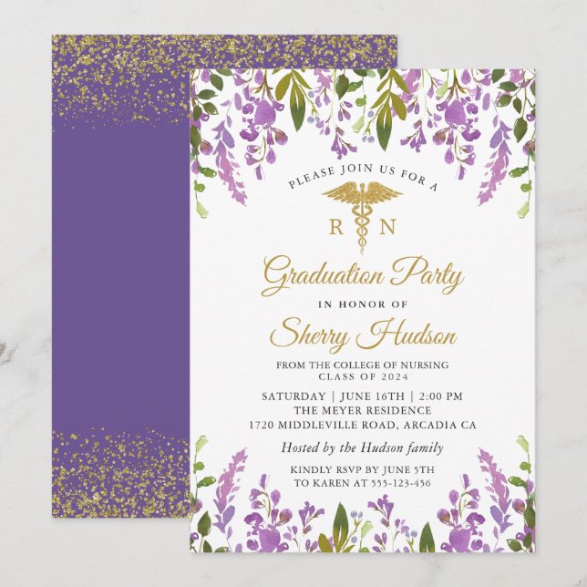 Invitation Lavande Purple Floral Or RN Infirmière Graduation (Devant / Derrière)