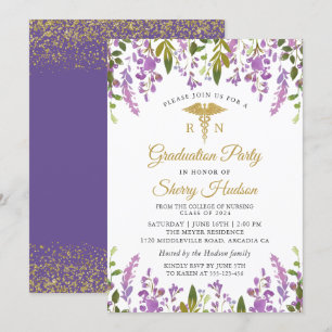 Invitation Lavande Purple Floral Or RN Infirmière Graduation