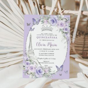 Invitation Lavande Purple Floral Paris Butterfly Quinceañera
