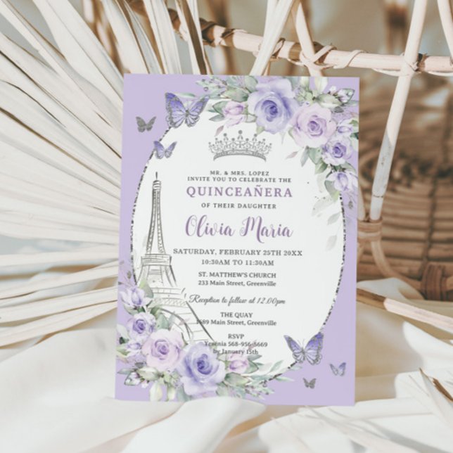 Invitation Lavande Purple Floral Paris Butterfly Quinceañera (Créateur téléchargé)