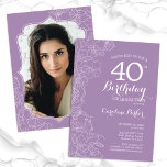 Invitation Lavande Purple Floral Photo 40e fête d'anniversair<br><div class="desc">Lavande fleurie violet 40e invitation à la fête d'anniversaire avec votre photo au dos de la carte. Design moderne élégant avec accents de dessin botanique et police de script de typographie. Carte invitation simple et tendance, parfaite pour une célébration anniversaire élégante. Peut être customisé à n'importe quel âge. Invitations Zazzle...</div>