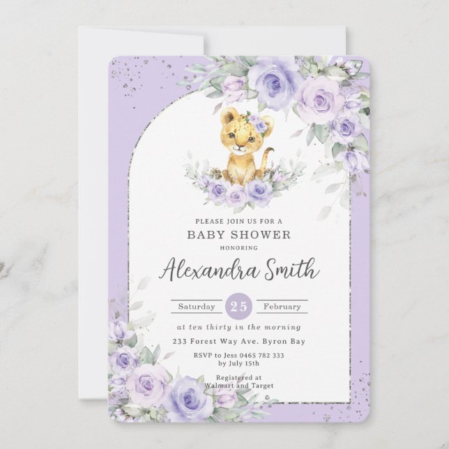 Invitation Lavande Purple Floral Sweet Lion Cub Baby shower (Devant)