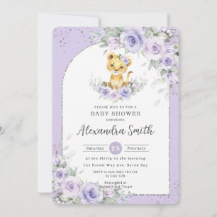 Invitation Lavande Purple Floral Sweet Lion Cub Baby shower