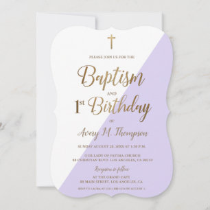 Invitation Lavande Purple Gold Cross Baptême 1er anniversaire