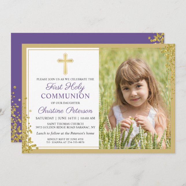 Invitation Lavande Purple Gold First Holy Communion Photo (Devant / Derrière)