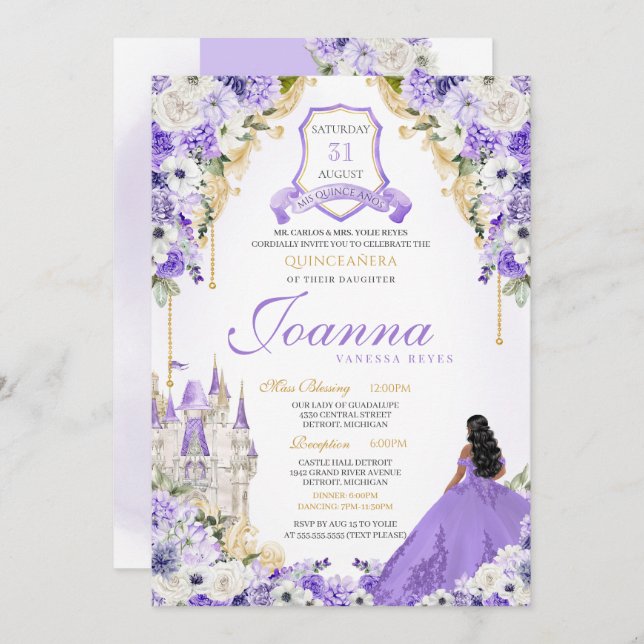 Invitation Lavande Purple & Gold Royal Princess Quinceanera (Devant / Derrière)