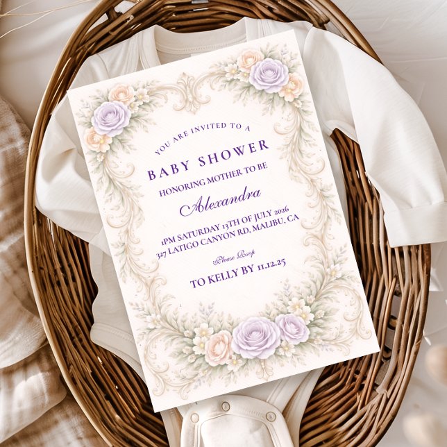 Invitation Lavande Rose Baptême Orné de Bébé (Créateur téléchargé)