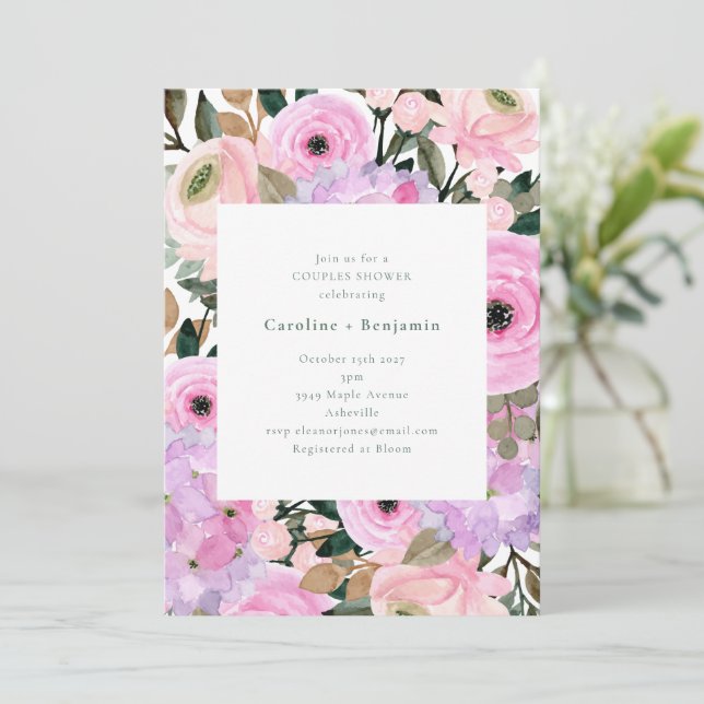 Invitation Lavande Rose Floral Aquarelle Couples Douche (Debout devant)