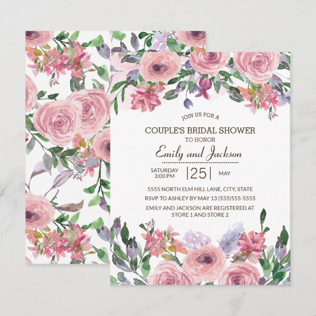 Invitation Lavande Rose Florale de Printemps pour le Shower d (Devant / Derrière)