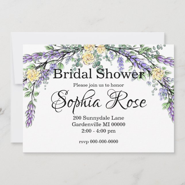 Invitation Lavande Rose jaune et Eucalyptus Douche nuptiale (Devant)