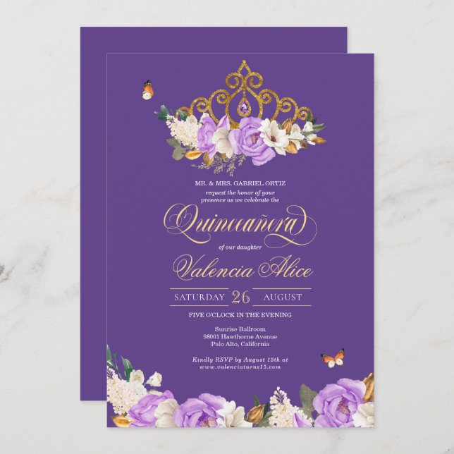 Invitation Lavande Rose Royal violet or Tiara Quinceanera (Devant / Derrière)