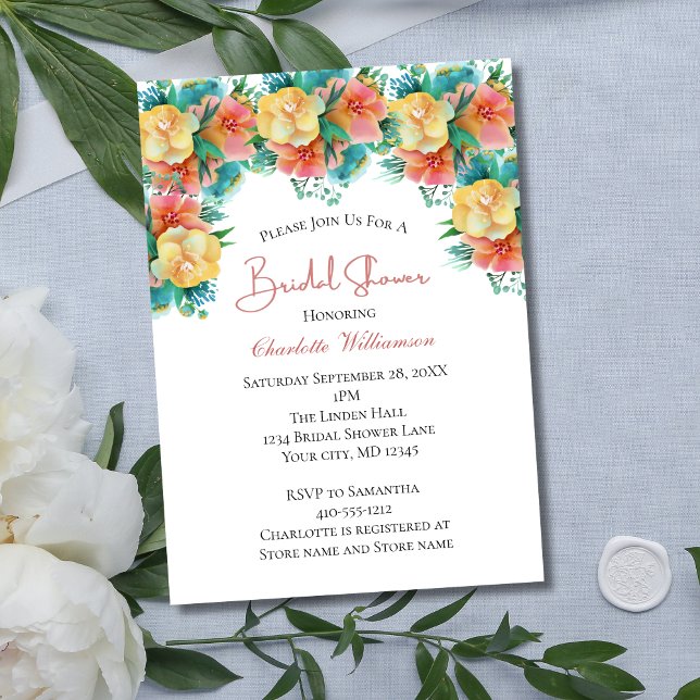 Invitation Lavande Rose Vert Pêche Floral Baignade de Mariée (Yellow Pink Peach Floral Greenery Bridal Shower Invitation)