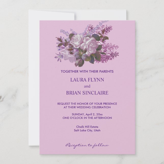 Invitation Lavande, Roses et Lilacs, Mariage (Devant)