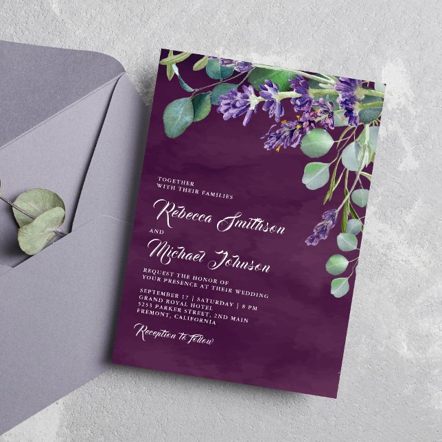 Invitation Lavande rustique et Mariage pourpre d'Eucalyptus (Créateur téléchargé)