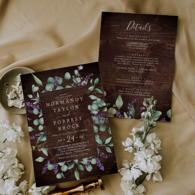 Invitation Lavande Rustique Floral En Bois Tout En Un Mariage (Rustic Lavender Wooden Floral All In One Wedding Invitation)