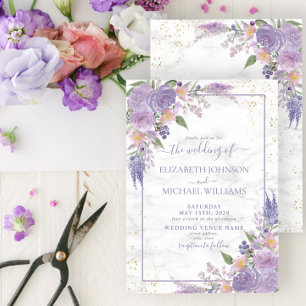Invitation Lavande Rustique Lilac Marbre or Mariage Floral