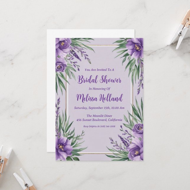 Invitation lavande verdure violet fleurie douche nuptiale (Devant/Arrière en situation)