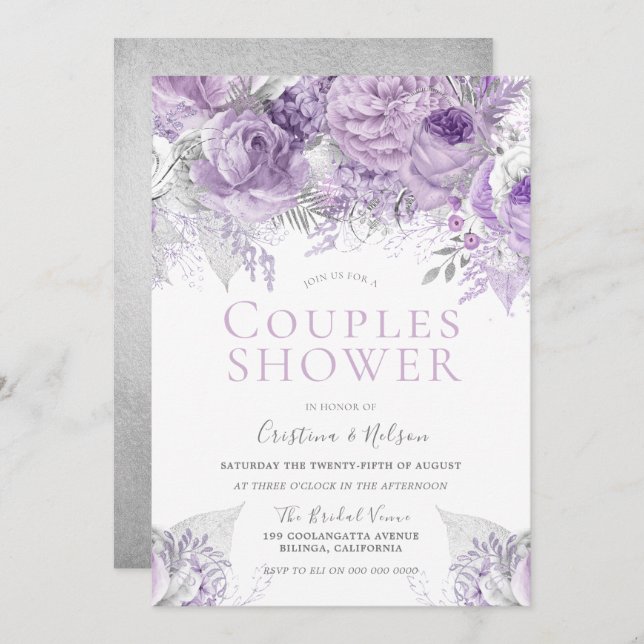 Invitation Lavande Violet Argent floral Fête de Couple de Sho (Devant / Derrière)
