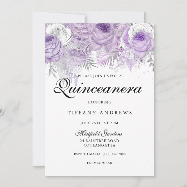 Invitation Lavande violet blanc Fleurs d'argent Quinceanera (Devant)