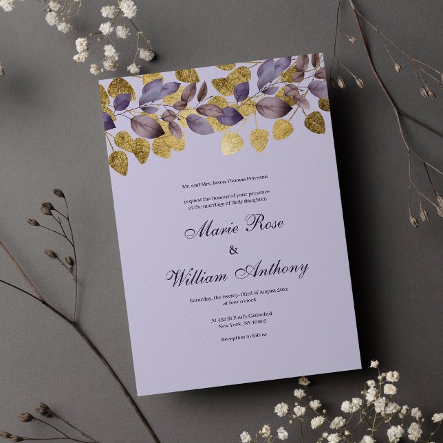Invitation Lavande violet brun feuille or Mariage floral (Lavender purple brown gold foliage floral Wedding Invitation)
