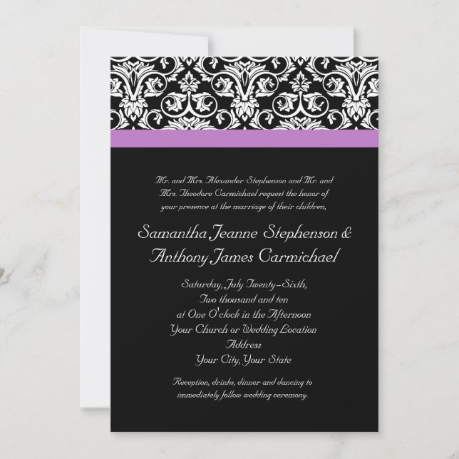 Invitation Lavande violet Damas noir/blanc (Devant)