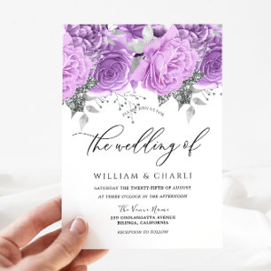 Invitation Lavande violet et Mariage floral argenté