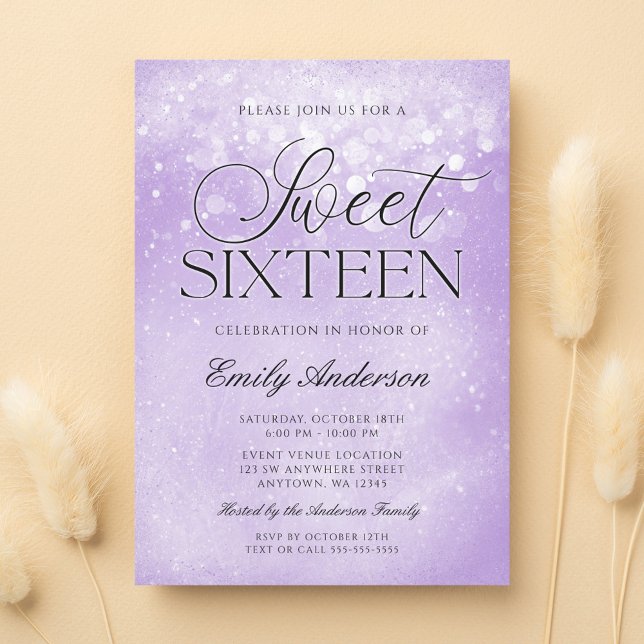 Invitation Lavande Violet Étincelle Sweet 16 (Créateur téléchargé)