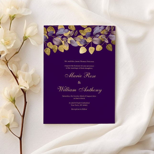 Invitation Lavande violet feuille or Mariage floral (Lavender purple gold foliage floral Wedding )