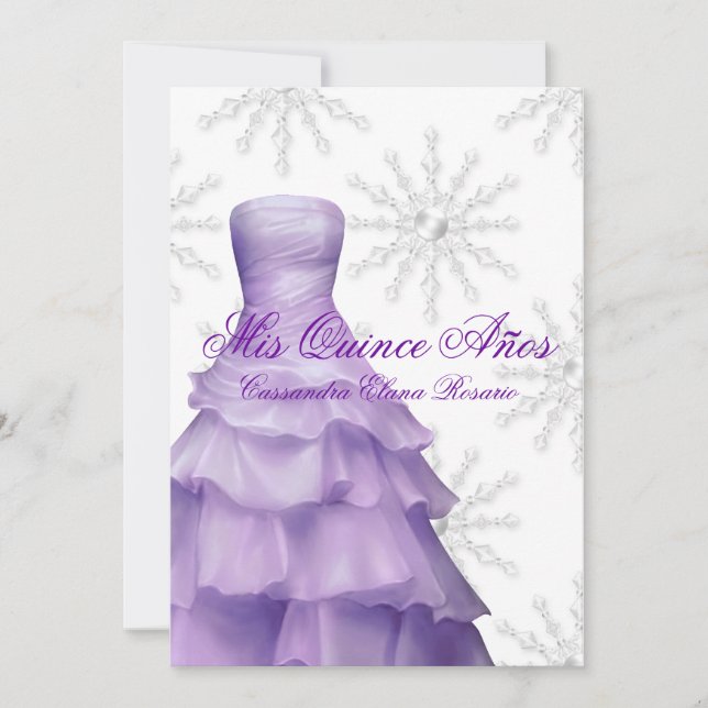 Invitation Lavande Violet Flécules de neige blanc Quinceanera (Devant)