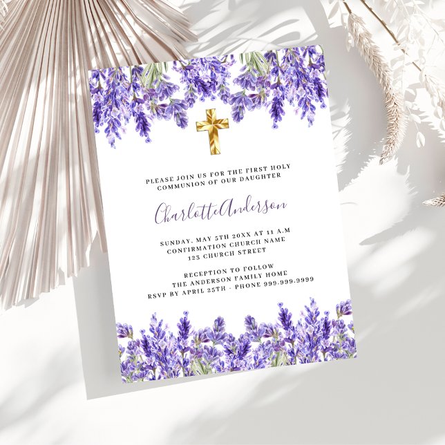 Invitation Lavande violet fleurons luxe Première communion (Créateur téléchargé)
