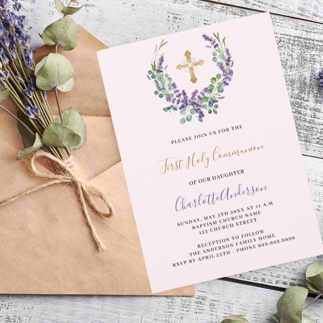 Invitation Lavande violet floral fille première communion (Créateur téléchargé)
