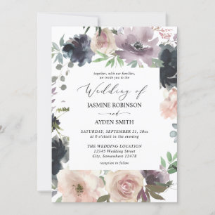 Invitation Lavande violet, Marine, Mariage floral rose vif
