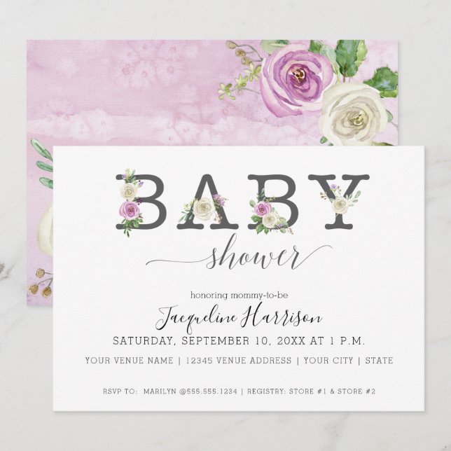 Invitation Lavande violet n Flore blanche | Baby shower fille (Devant / Derrière)
