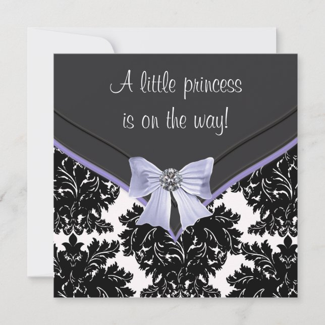 Invitation Lavande violet noir Damask Baby shower (Devant)