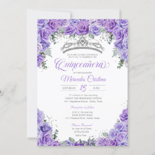 Invitation Lavande violet Rose et argent Tiara Quinceanera