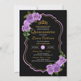 Invitation Lavande violet Rose or élégant Quinceañera