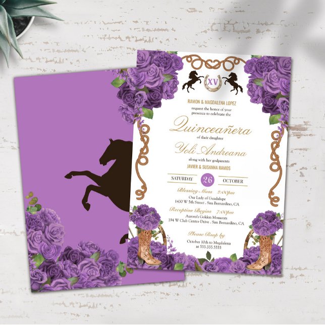 Invitation Lavande violet Roses Ouest Charro Quinceanera (Créateur téléchargé)