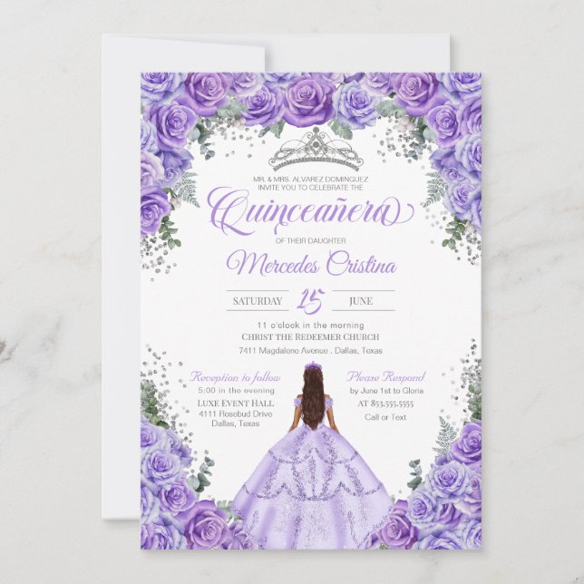 Invitation Lavande violette clair Rose Silver Quinceanera (Devant)