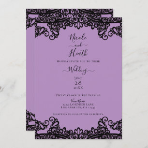 Invitation Lavande violette & dentelle noire Mariage élégant