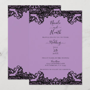 Invitation Lavande Violette et Dentelle Noire Mariage Élégant