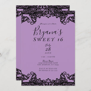 Invitation Lavande violette et dentelle noire Sweet 16 Partie