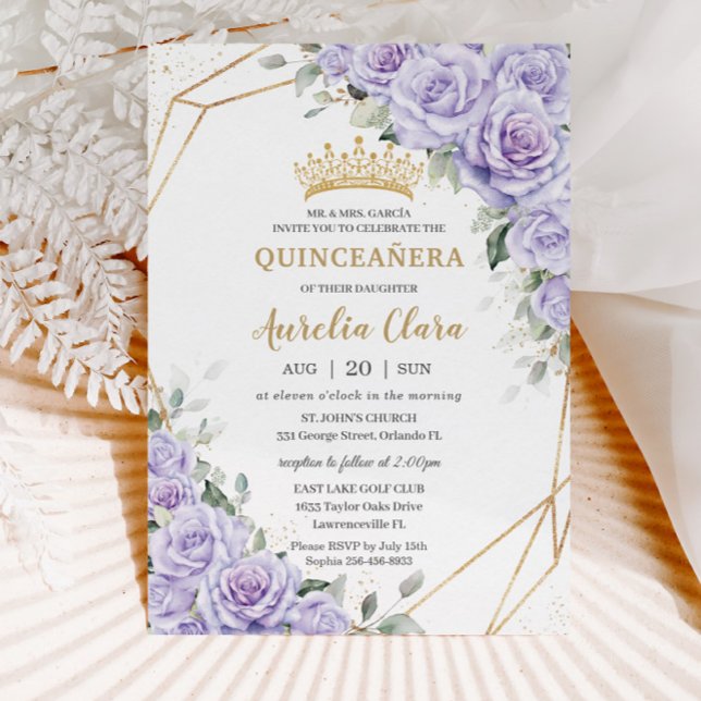 Invitation Lavande violette Fleurs florales Or Quinceañera (Créateur téléchargé)