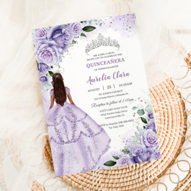 Invitation Lavande violette Floral Argent Quinceañera Sweet 1 (lavender-lilac-purple-floral-quinceanera-princess-dress-silver-15-sweet-16-birthday-invitation-card)