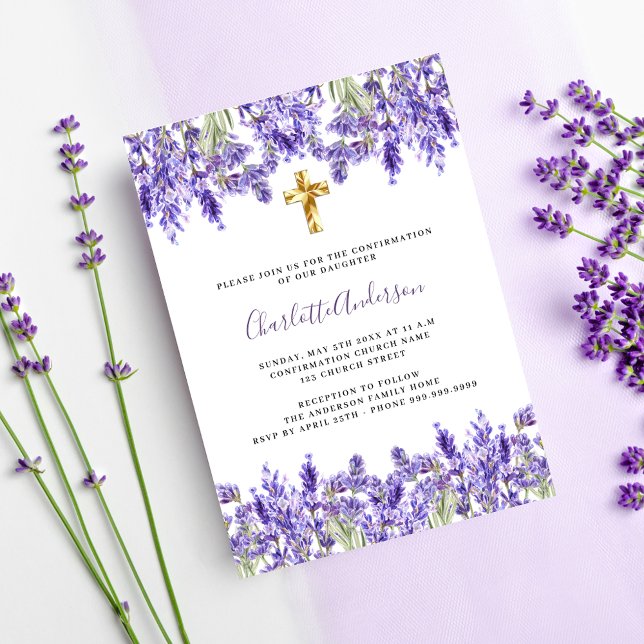 Invitation Lavande violette florales or croix Confirmation (Créateur téléchargé)